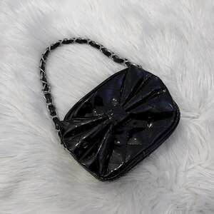 Black Patent Leather Bow Mini Shoulder Bag — Quilted Y2K Aesthetic